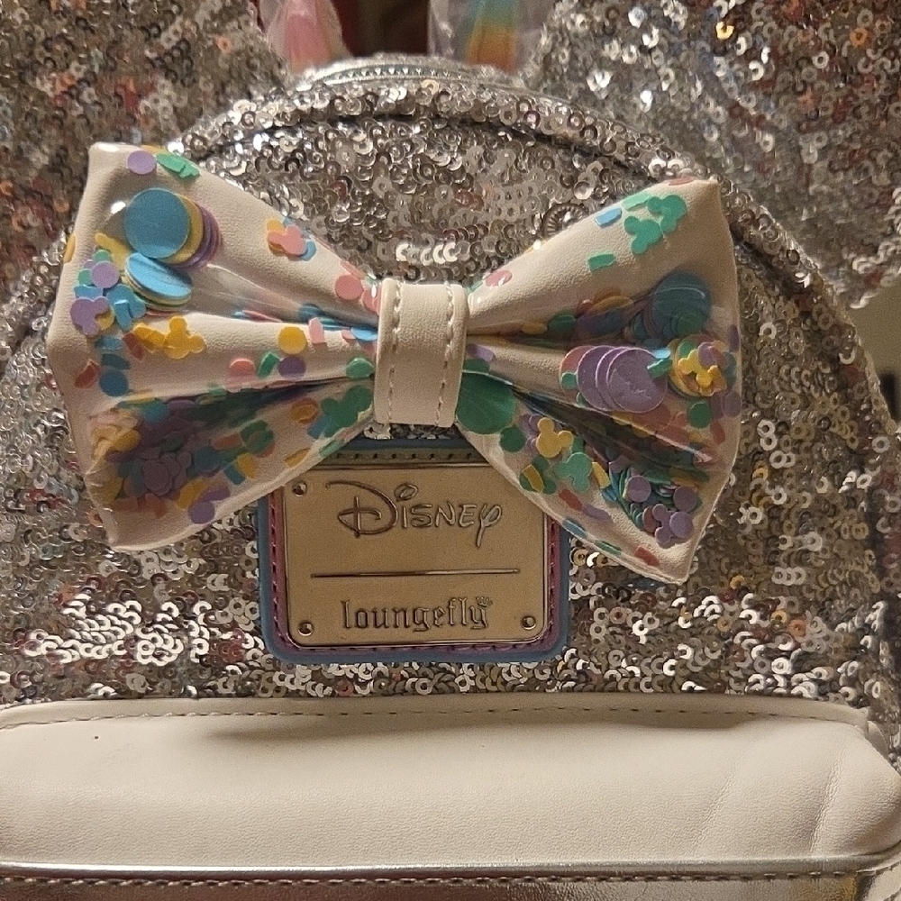 Loungefly Silver Sequin Backpack with Colorful Bow - Picture 4 of 12